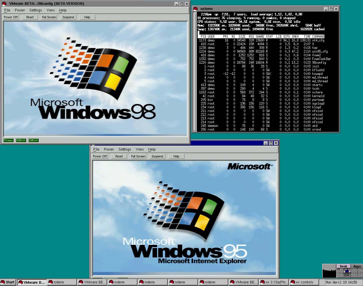 Бета VMware Workstation, весна 1999 года. Windows 95 и 98 в соседних окнах поверх Linux. Тогда это выглядело трюком. Источник: virten.net