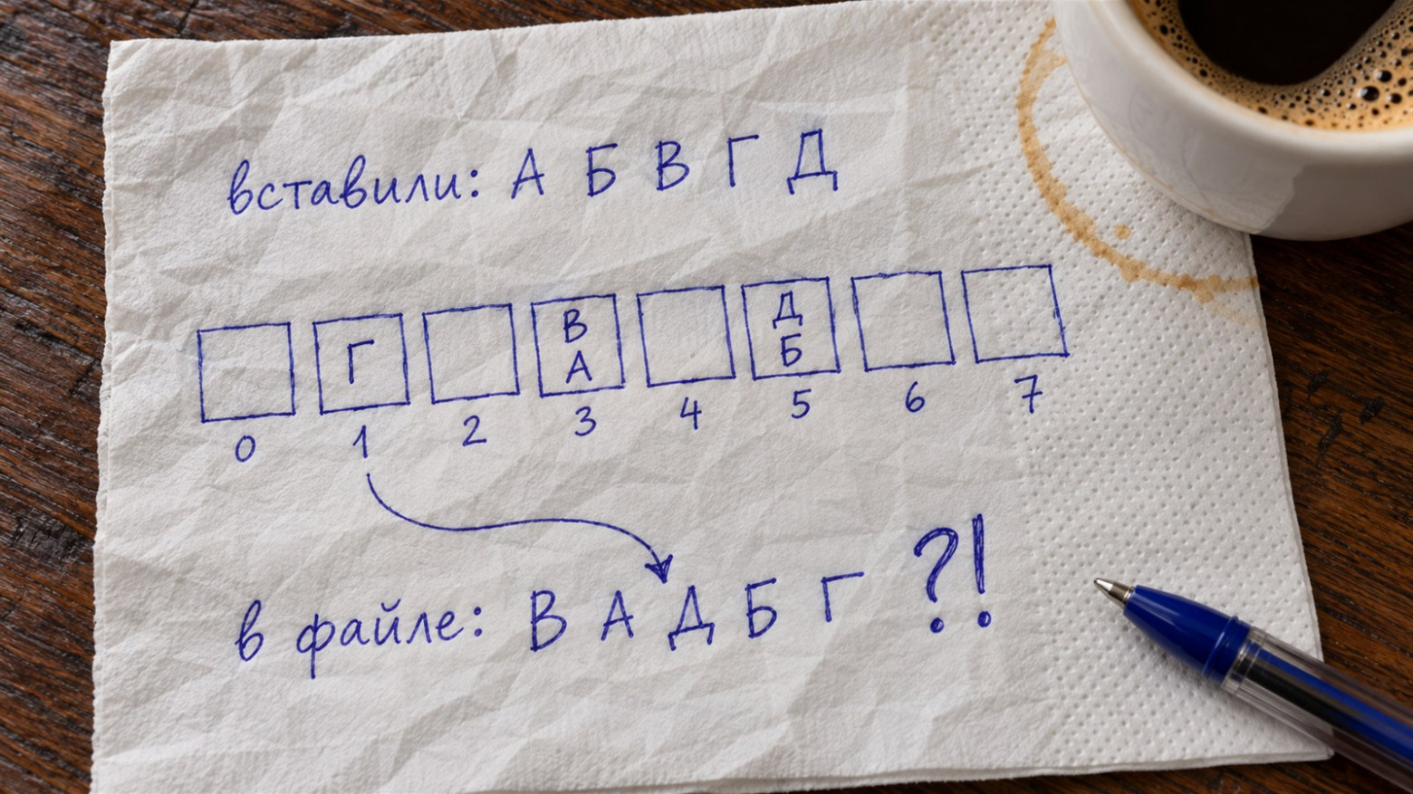 Вставляли по порядку, а в файл попало вперемешку. Номера корзин в примере условные