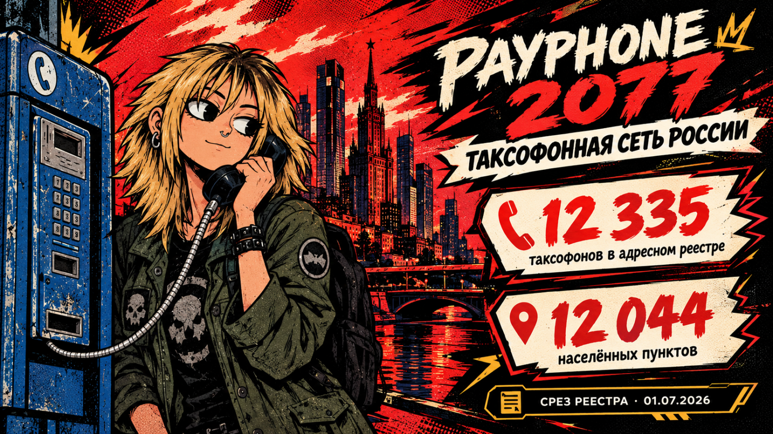 PayPhone 2077 — это визуальное исследование сети общественных таксофонов России. За привычными синими аппаратами скрывается инфраструктура, которая продолжает существовать: в открытом реестре собраны адреса, населённые пункты и абонентские номера по всей стране.