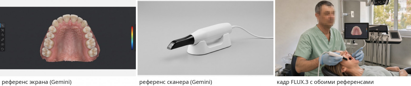 Справа кадр FLUX.3: на мониторе тот же скан, в руке тот же сканер.