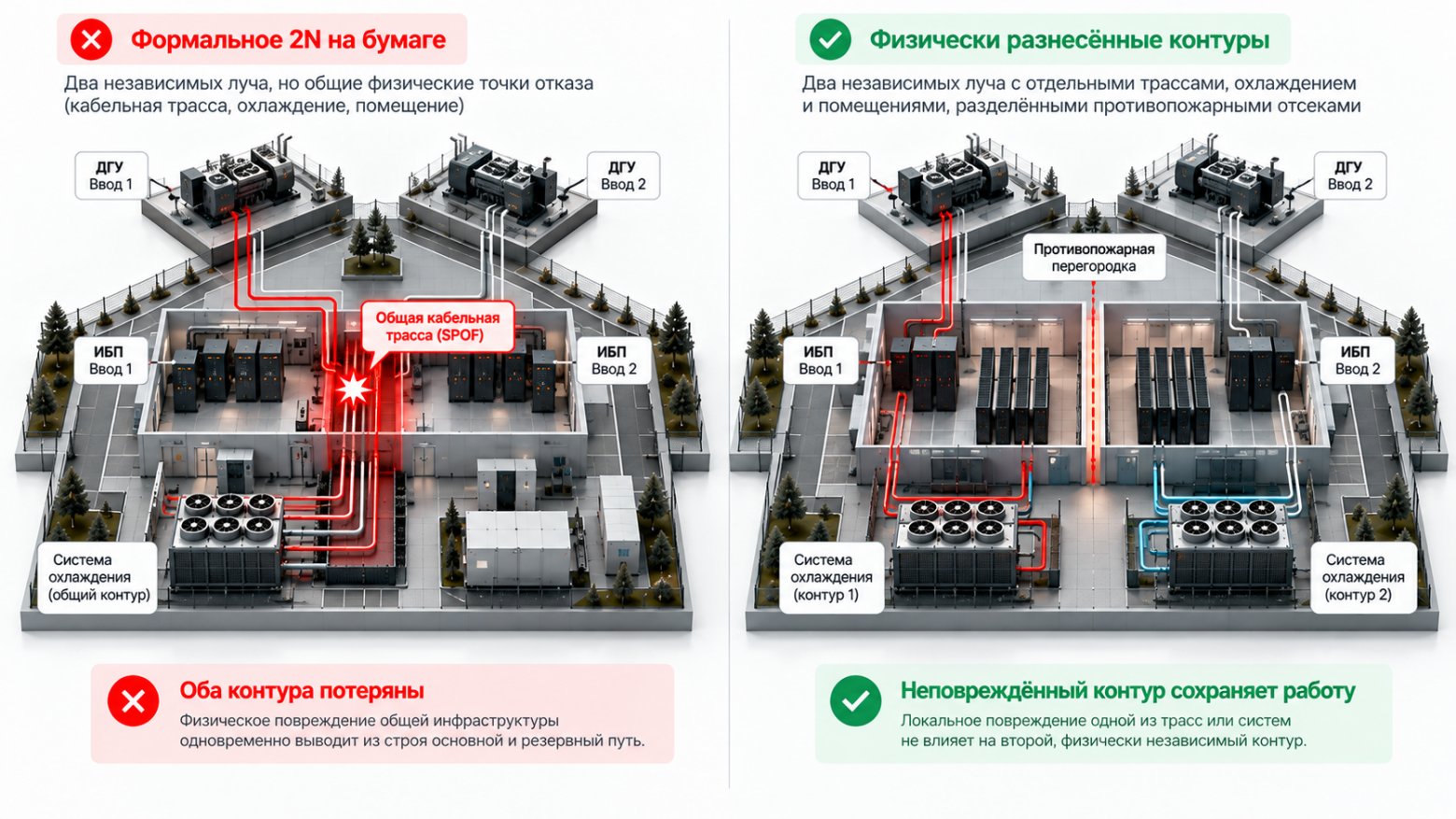 Схема 1. Два независимых контура могут иметь общую физическую точку отказа. Разнесение коммуникаций снижает риск их одновременного повреждения.