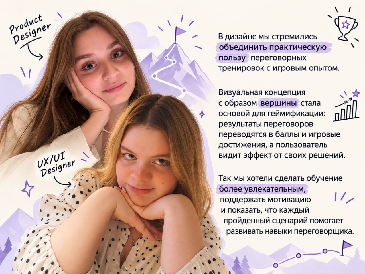 Анна Кашицына и Анастасия Дементьева, UX UI дизайнеры, тренажер переговоров "Вершина" для ОЭЗ "Алабуга"