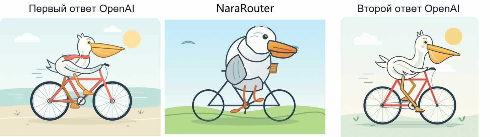 Рис. 6. NaraRouter. Слева направо: первый ответ OpenAI, ответ платформы, второй ответ OpenAI. Есть расхождение с официальными изображениями: спиц в обоих колёсах не видно. Птица и её посадка нарисованы схематичнее, неясно, касается ли крыло руля. При этом заданный сюжет остаётся узнаваемым.