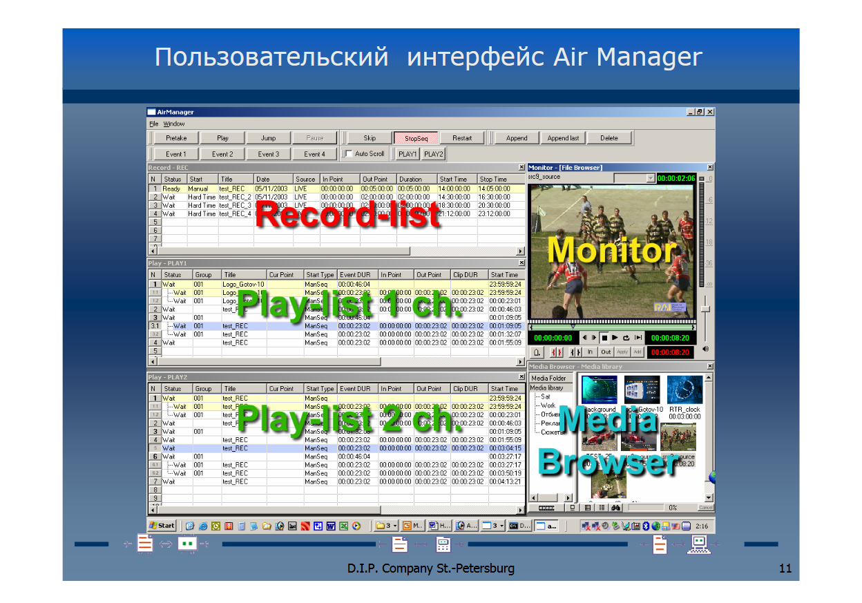 Интерфейс ПО "Air Manager", в правом нижнем углу видны часы. Источник: https://web.archive.org/web/20160807085026/http://dip.spb.ru/docs/news/Dip automation 2007.pdf