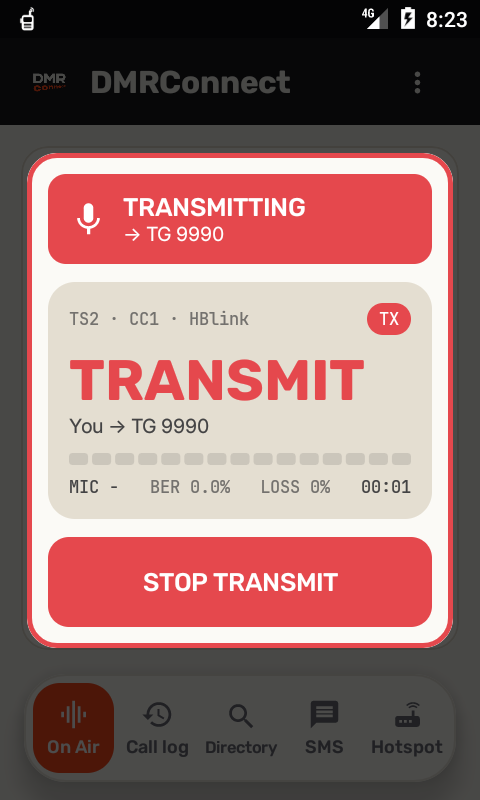 DMRConnect на эмуляторе 480x800: передача на попугая 9990