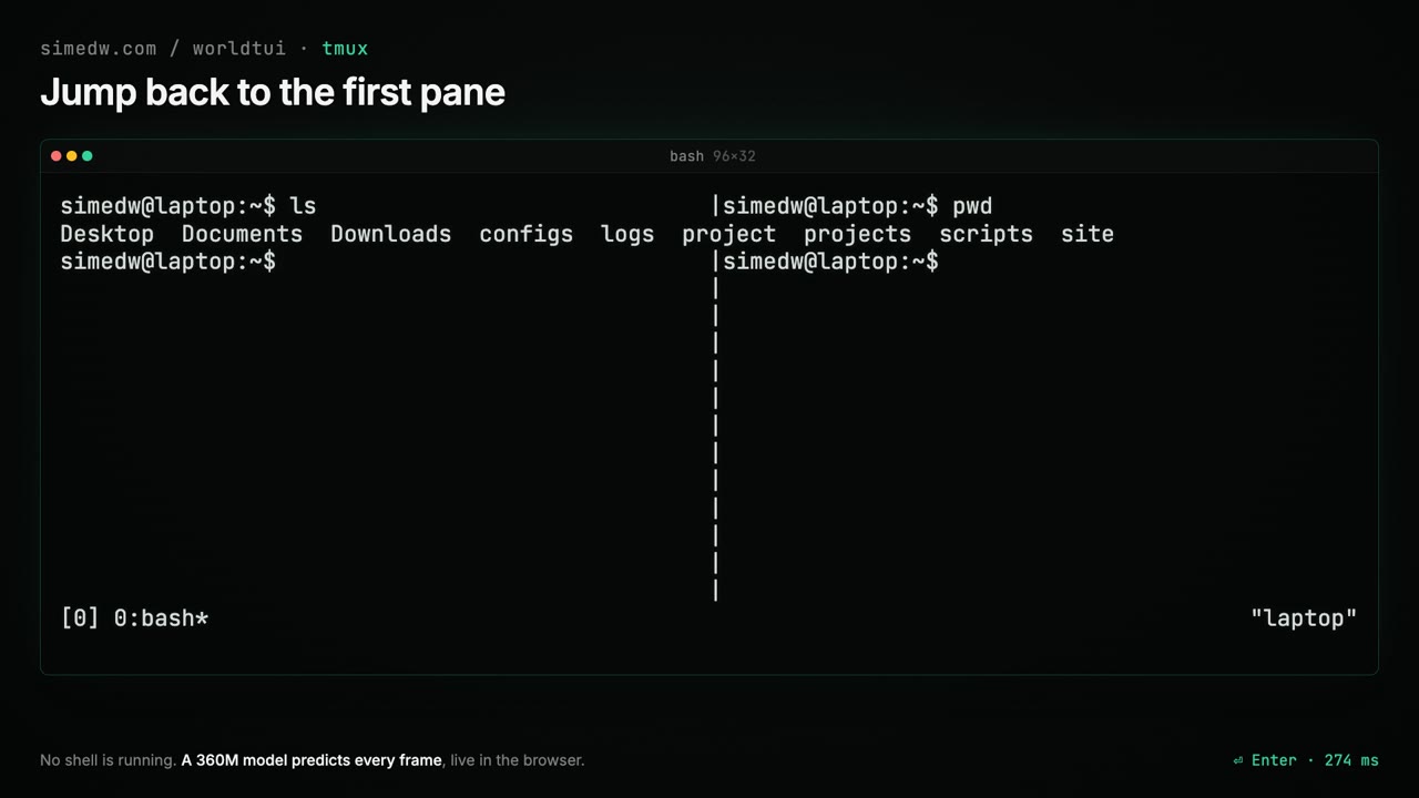 Две панели tmux, и ни одного запущенного шелла. Кадр из видео автора
