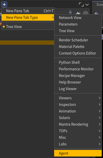 Меню «+» → New Pane Tab Type → Agent