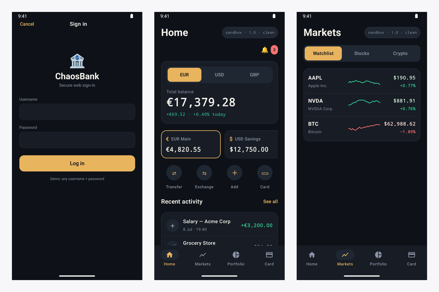 ChaosBank Android: веб-логин, главная, рынки