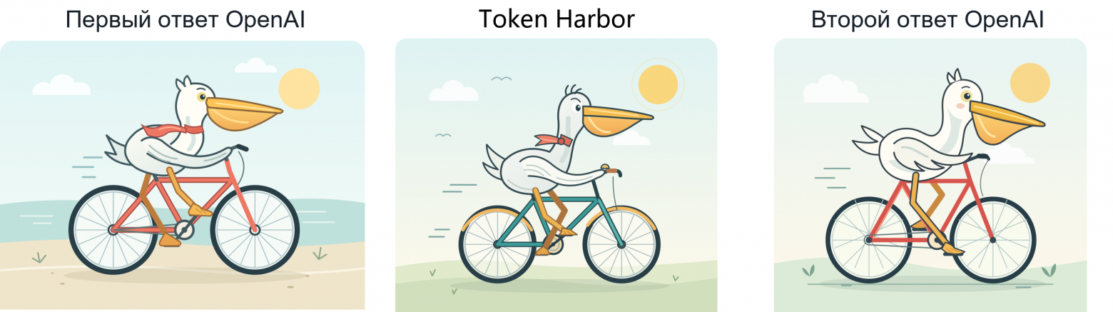 Рис. 5. Token Harbor. Слева направо: первый ответ OpenAI, ответ платформы, второй ответ OpenAI. Все четыре признака совпадают; у велосипеда бирюзовая рама, звонок и жёлтые крылья над обоими колёсами.