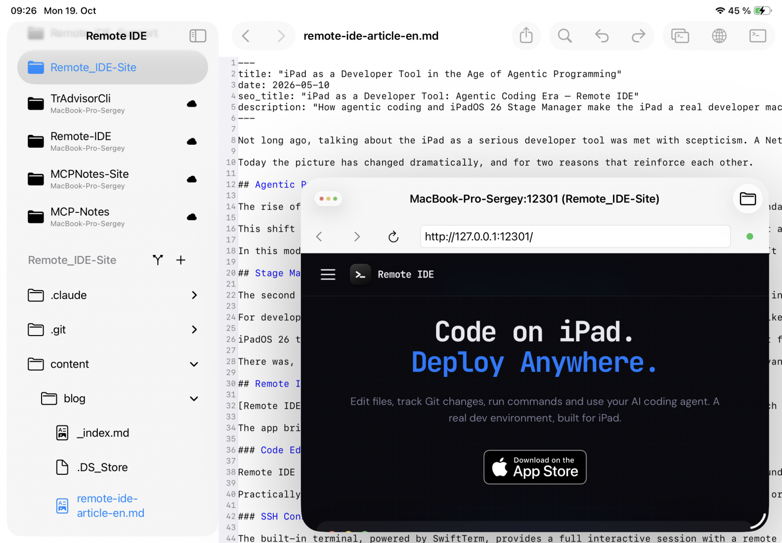 Встроенный браузер Remote IDE, открывший http://127.0.0.1:12301/ - живой предпросмотр собранного Hugo-сайта