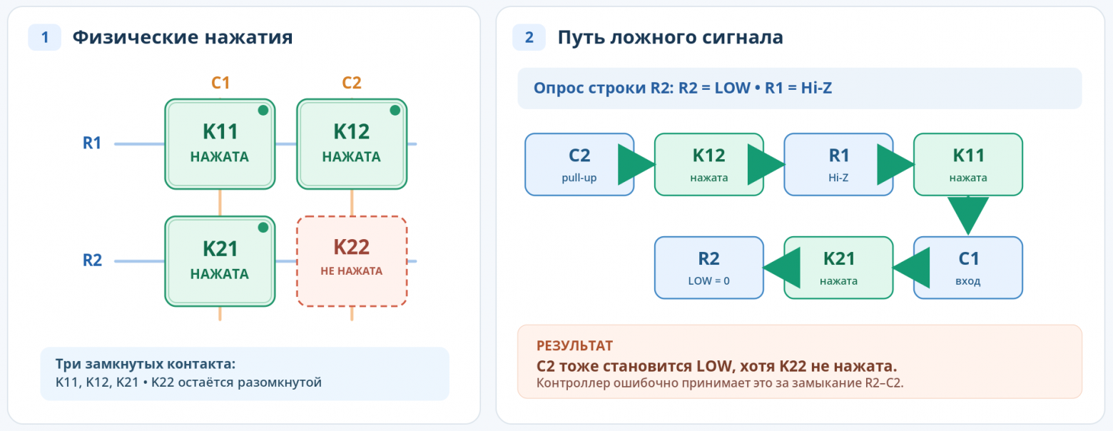 Возникновение ghosting в матричной клавиатуре без развязывающих диодов. При нажатии трёх клавиш возникает обходной электрический путь, из-за которого контроллер может ошибочно определить нажатие четвёртой. Возникновение ghosting в матричной клавиатуре без развязывающих диодов. При нажатии трёх клавиш возникает обходной электрический путь, из-за которого контроллер может ошибочно определить нажатие четвёртой.