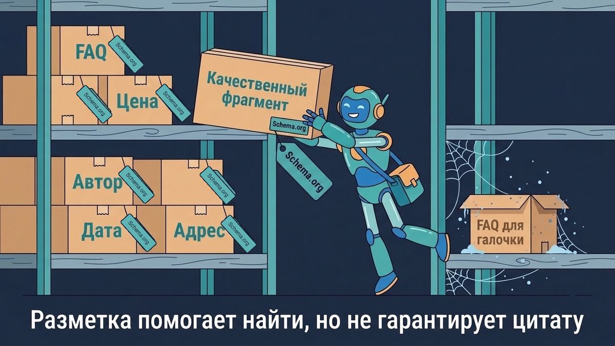 Разметка помогает найти контент, но не гарантирует цитату Разметка помогает найти контент, но не гарантирует цитату