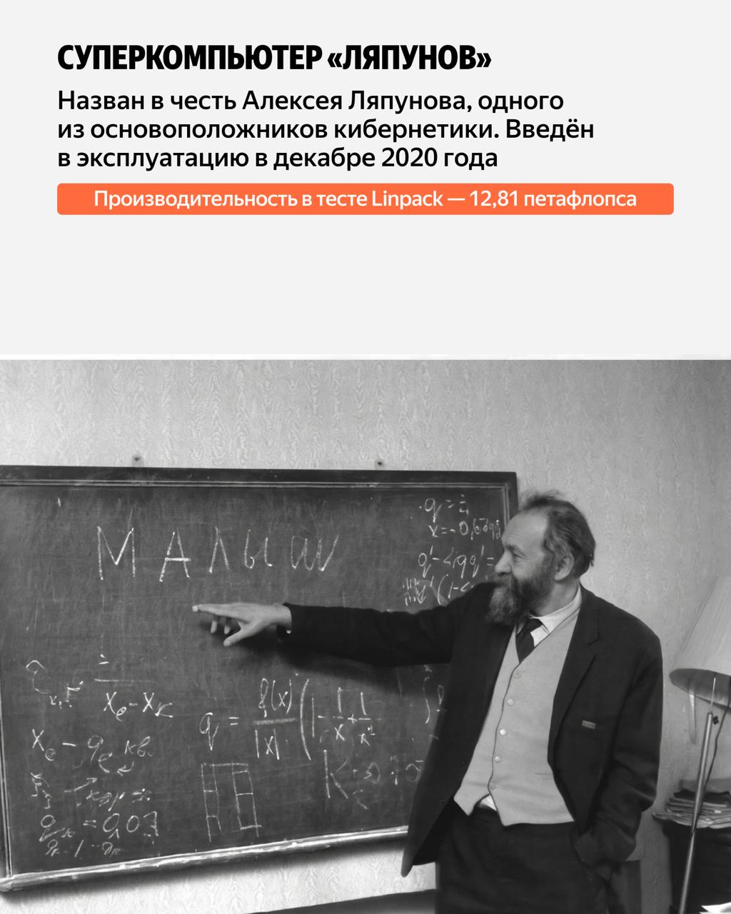 «Ляпунов» получил имя в честь Алексея Ляпунова — знаменитого математика, чьи работы лежат в основе компьютерных наук. Его характеристики: 137 вычислительных узлов, мощность 12,81 петафлопса, 17 536 ядер, 1 096 NVIDIA A100 40G, оперативная память 68,5 ТБ, энергопотребление 323 кВт. «Ляпунов» получил имя в честь Алексея Ляпунова — знаменитого математика, чьи работы лежат в основе компьютерных наук. Его характеристики: 137 вычислительных узлов, мощность 12,81 петафлопса, 17 536 ядер, 1 096 NVIDIA A100 40G, оперативная память 68,5 ТБ, энергопотребление 323 кВт.