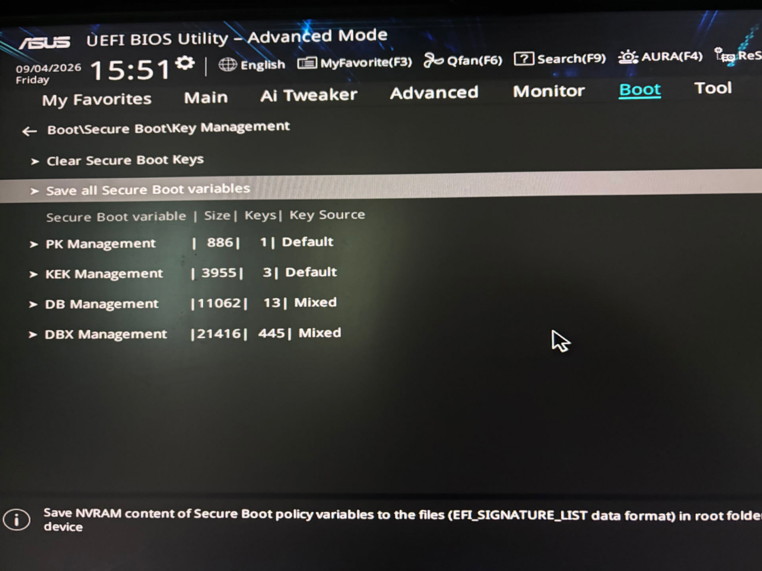Пункт меню UEFI для бэкапа ключей Пункт меню UEFI для бэкапа ключей
