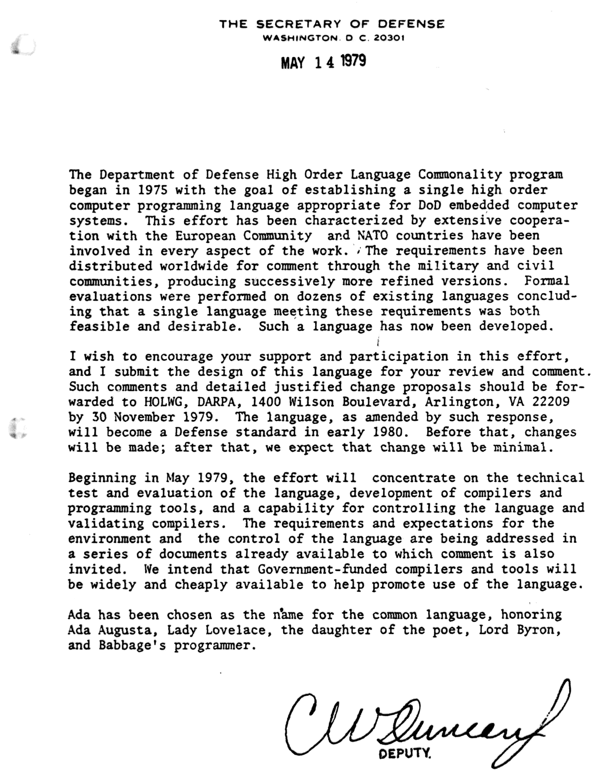 Письмо заместителя министра обороны Чарльза Дункана от 14 мая 1979 года, которым открывается «Предварительное руководство по Аде» (DTIC AD-A071761, скан с Internet Archive). Комментарии к языку принимают до 30 ноября, а последний абзац объясняет, в честь кого язык назван