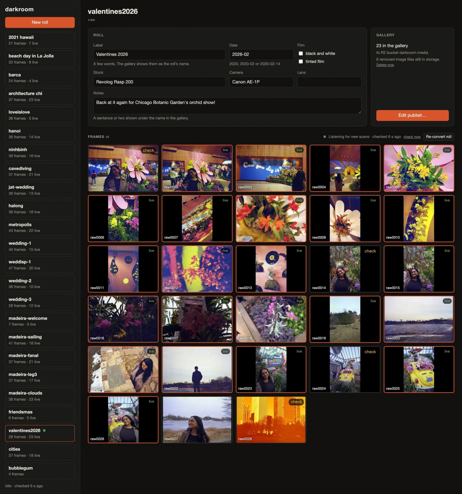 The studio app with valentines2026 selected in the sidebar's list of roll folders: a roll header with Revolog Rasp 200, the Canon AE-1P and notes about the Chicago Botanic Garden's orchid show, and a contact sheet of all 28 converted frames marked live or check.