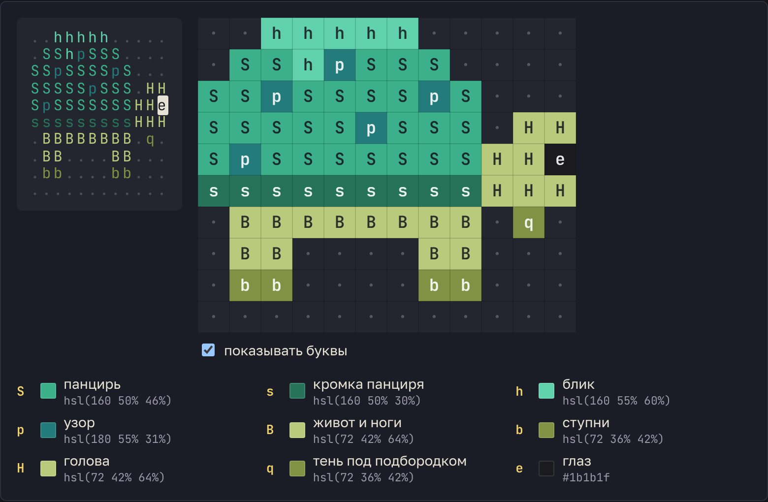 Стоящая черепашка: слева так, как она записана, справа те же буквы поверх пикселей.