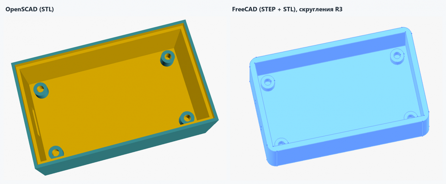 Корпус ESP32-C3 по шаблону: OpenSCAD и FreeCAD, все четыре стойки и окно USB-C на месте
