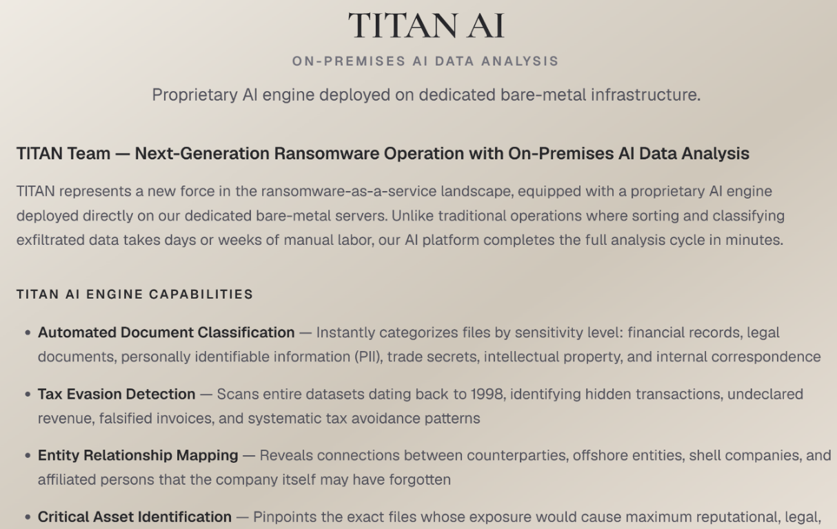Описание возможностей TITAN AI на DLS-сайте группировки