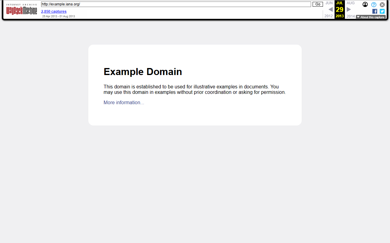 example.com в июле 2013 года: в этот период домен редиректил на example.iana.org, где появился дизайн с карточкой