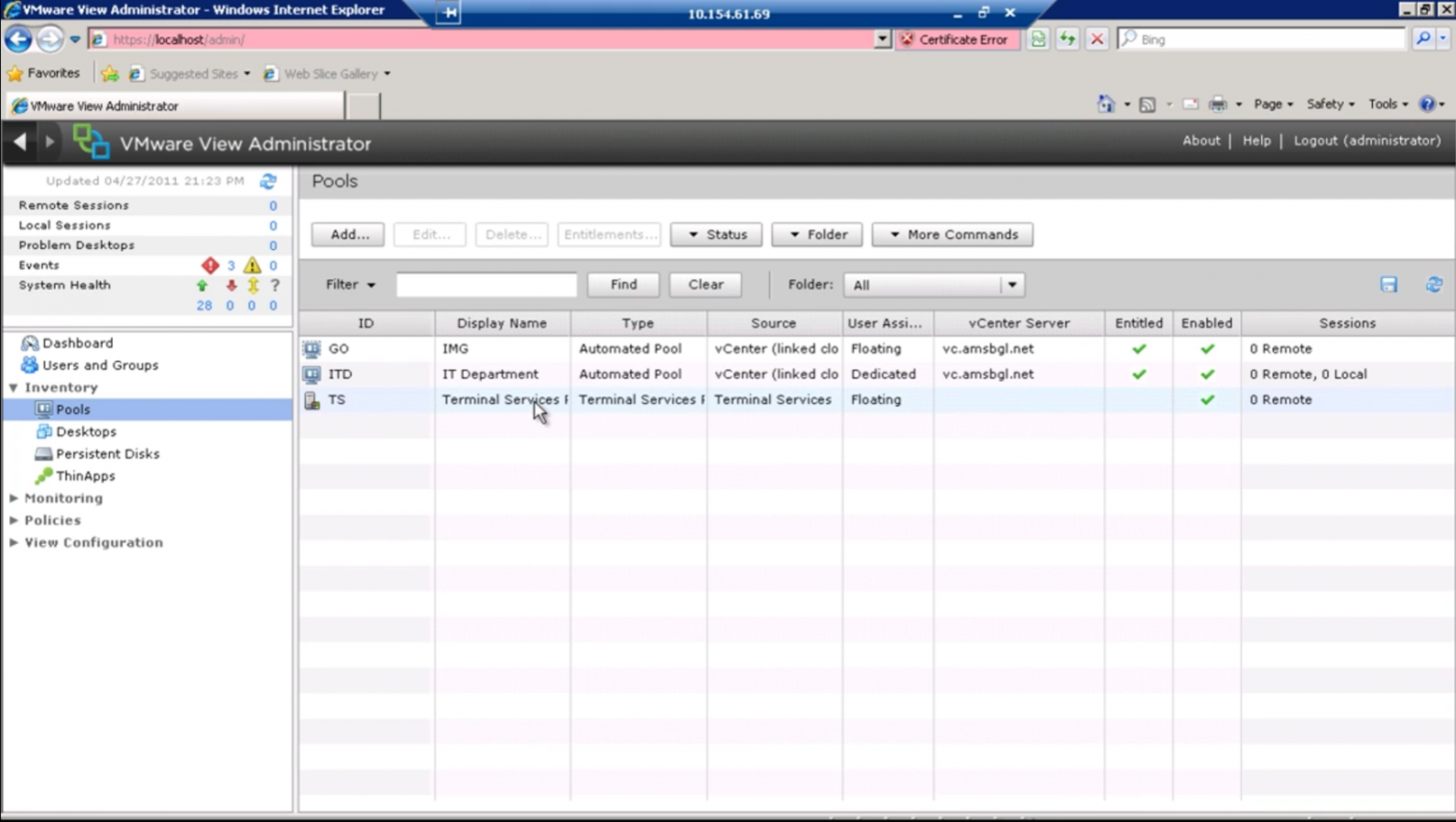 Консоль VMware View Administrator, 2011 год. Автоматические пулы из связанных клонов и пул на терминальных службах в одном списке. Кадр из видео Jonathan Jabez.