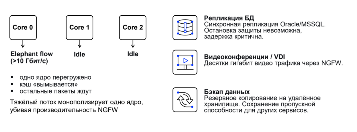 Рисунок 8. Обработка elephant flows. Тяжелая сессия более 10 Гбит/с перегружает одно ядро CPU, а FPGA переносит ее на аппаратный fast path