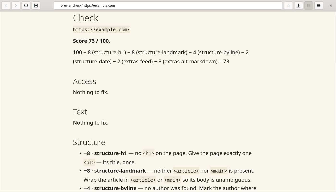 brevier --check для example.com: 73 из 100 и что поправить brevier --check для example.com: 73 из 100 и что поправить