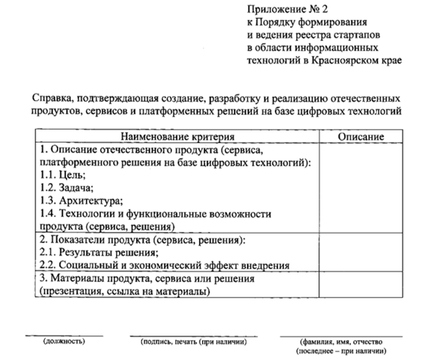 Форма справки для включения в реестр стартапов Красноярского края