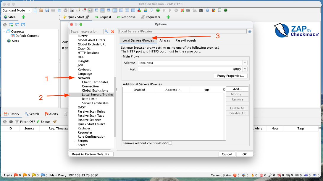 Меню с настройками прокси в OWASP ZAP Меню с настройками прокси в OWASP ZAP