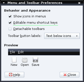 Скриншот программы настройки «Menus & Toolbars»