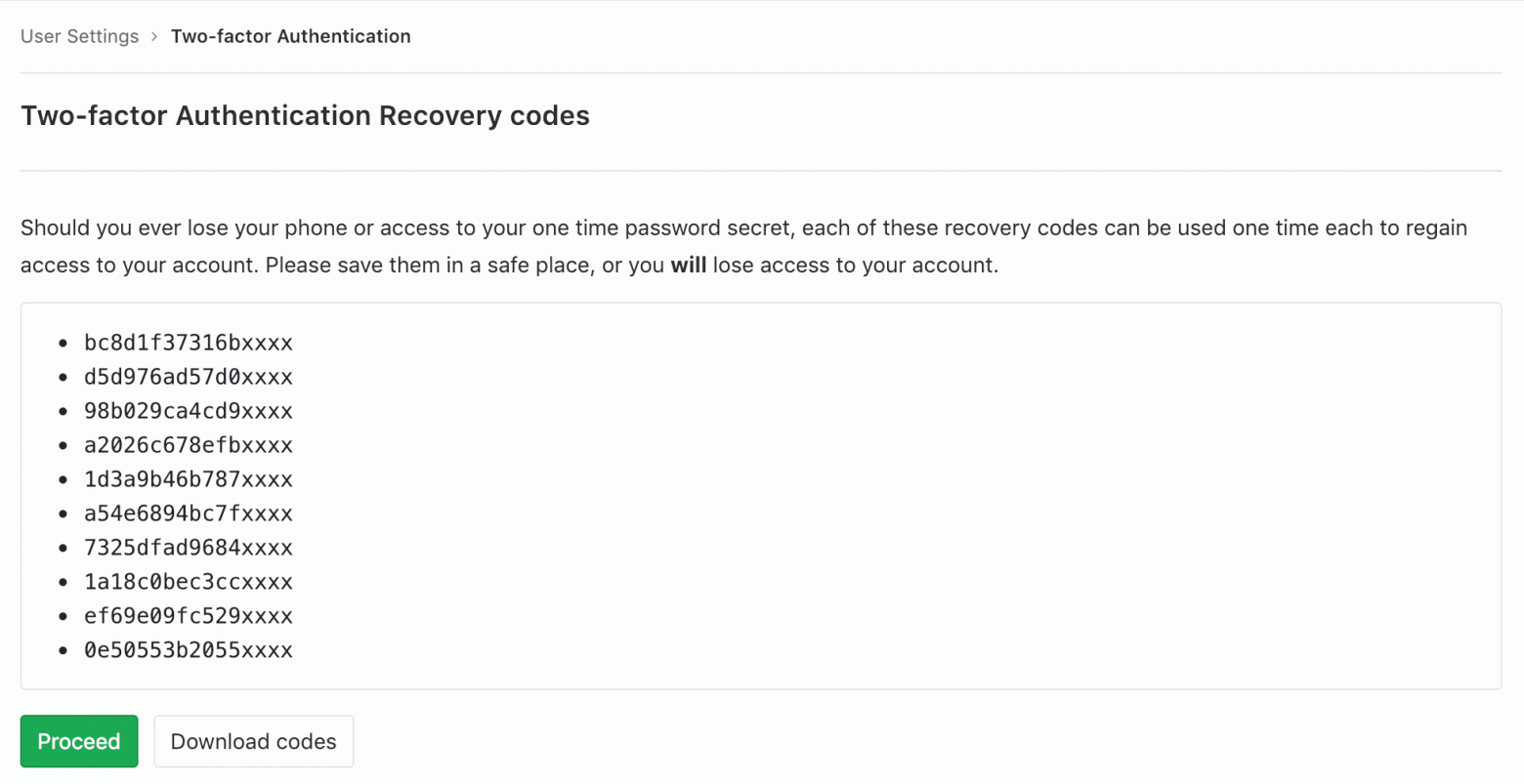Download two-factor recovery codes