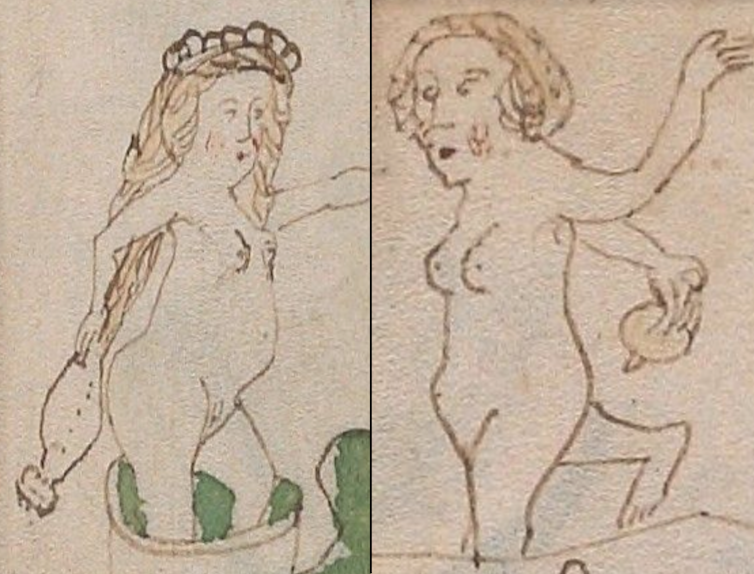 Женщины, проиллюстрированные в рукописи, держат неопознанные предметы у своих гениталий.