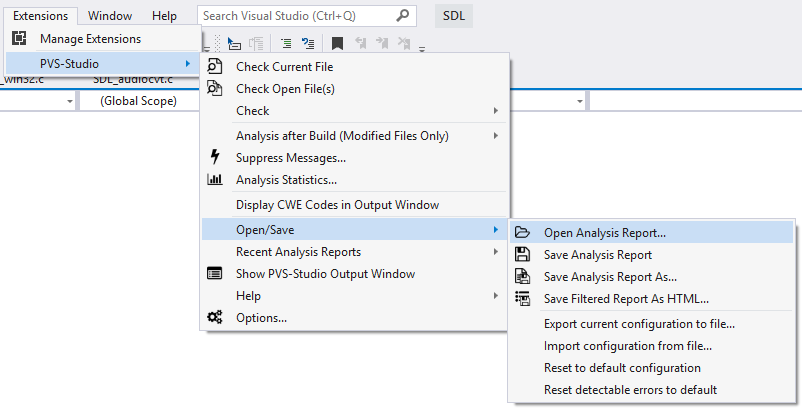 Figure 8. Opening an analysis report from the plugin's menu.