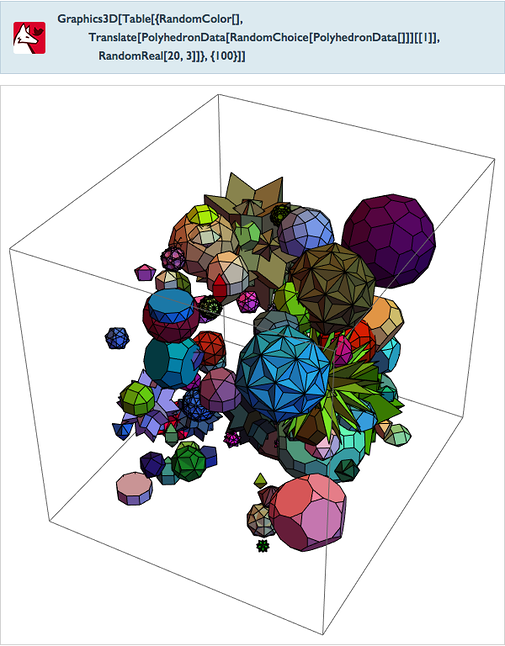 Graphics3D[Table[{RandomColor[],Translate[PolyhedronData[RandomChoice[PolyhedronData[]]][[1]],RandomReal[20,3]]},{100}]]