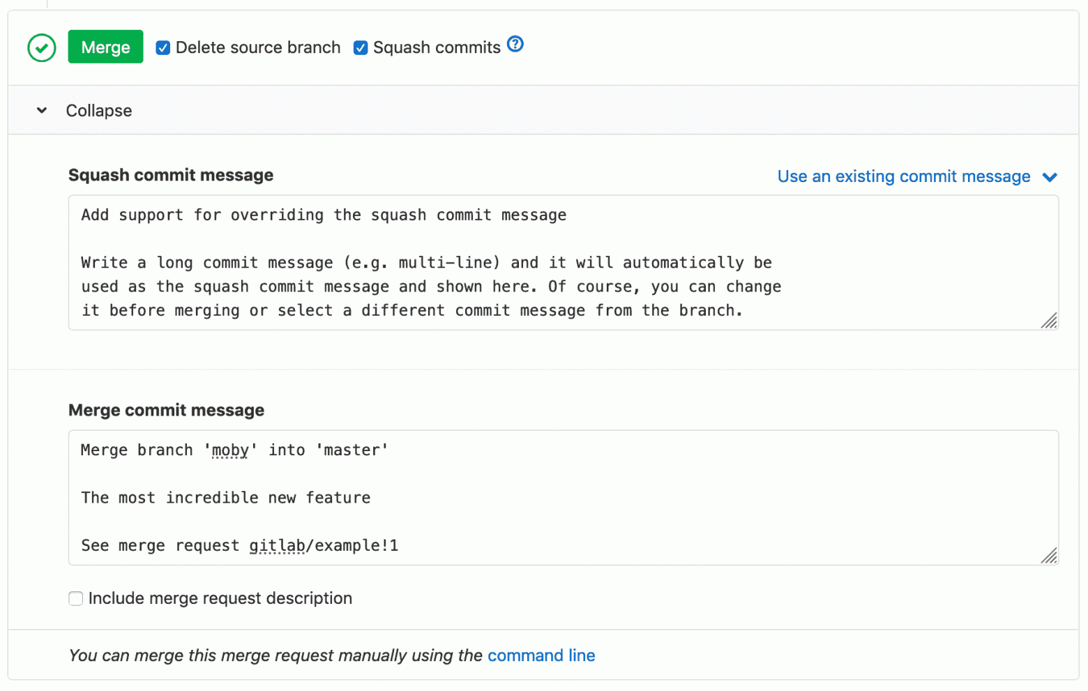 Improved squash commit messages