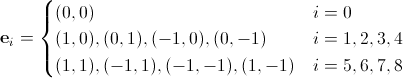 D2Q9 vectors \bold{e}_i = 
\begin{cases} 
  (0,0)                        & i = 0 \\
  (1,0),(0,1),(-1,0),(0,-1)    & i = 1,2,3,4 \\
  (1,1),(-1,1),(-1,-1),(1,-1)  & i = 5,6,7,8 \\
\end{cases}