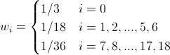 D3Q19 weights w_i = 
\begin{cases} 
  1/3    & i = 0 \\
  1/18    & i = 1,2,...,5,6 \\
  1/36   & i = 7,8,...,17,18 \\
\end{cases}