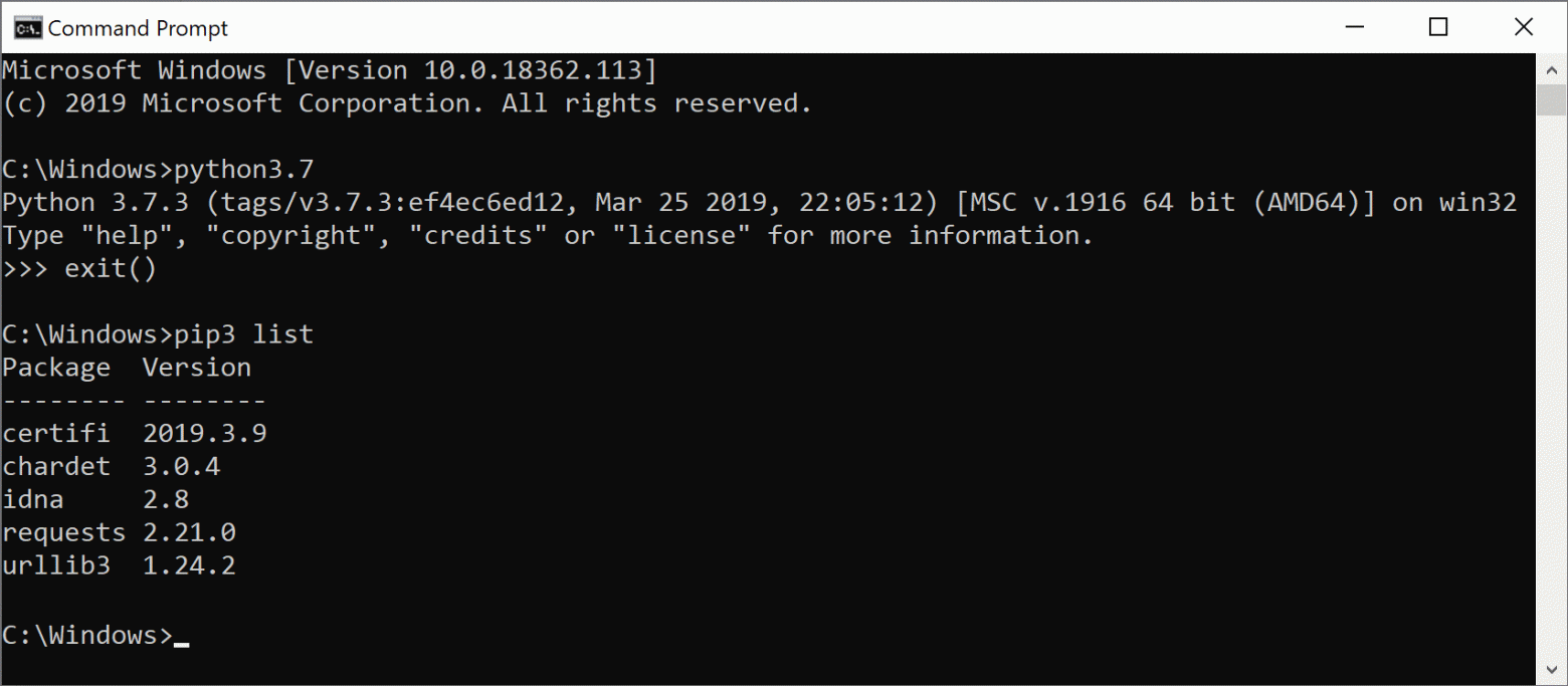 The Windows command prompt showing that &quot;python3.7&quot; now launches Python and &quot;pip3&quot; launches pip