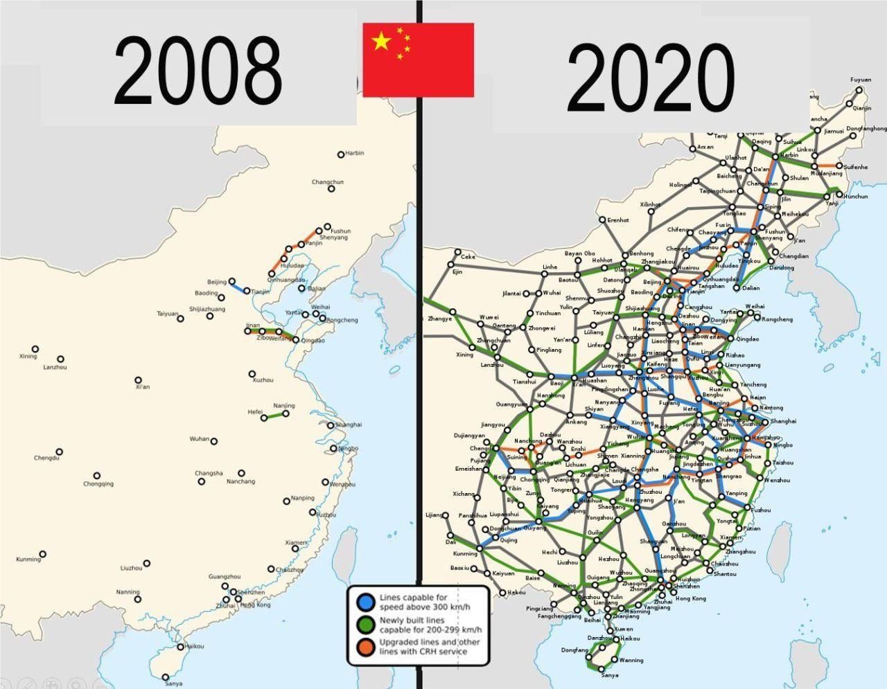 Карта развития скоростных железных дорог КНР.