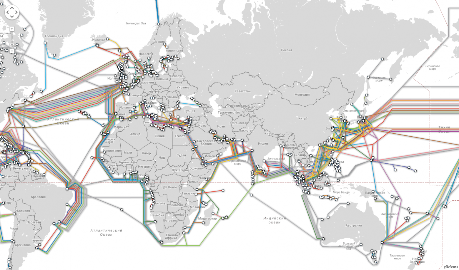 Интерактивная карта современных подводных кабелей сетевых магистралей (https://www.submarinecablemap.com/)