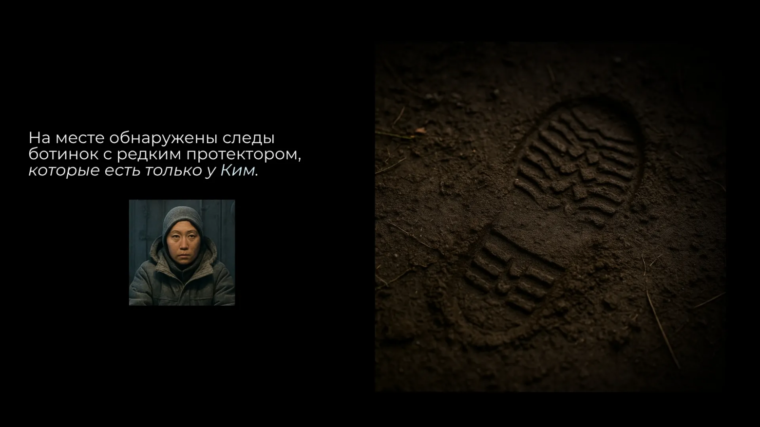 E2: На месте обнаружены следы ботинок с редким протектором, которые есть только у Ким.