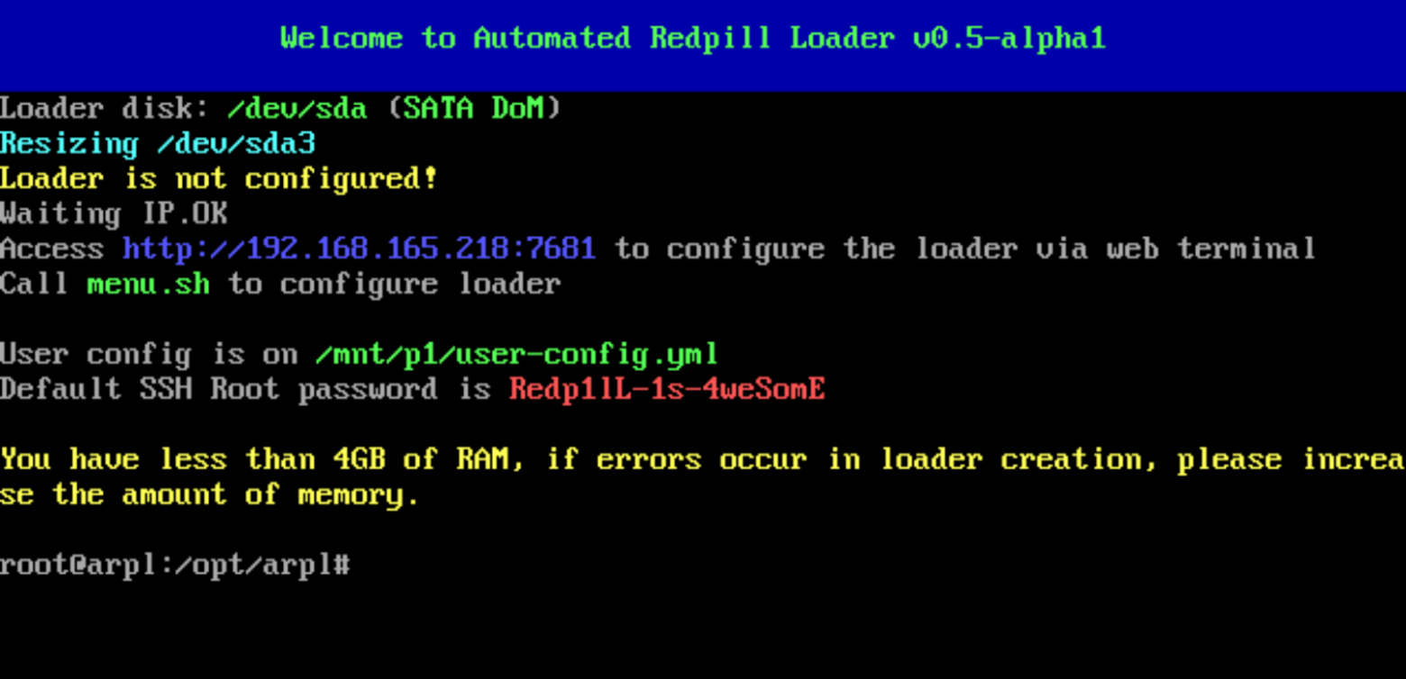 Приветственное окно Automated RedPill Loader (ARPL)