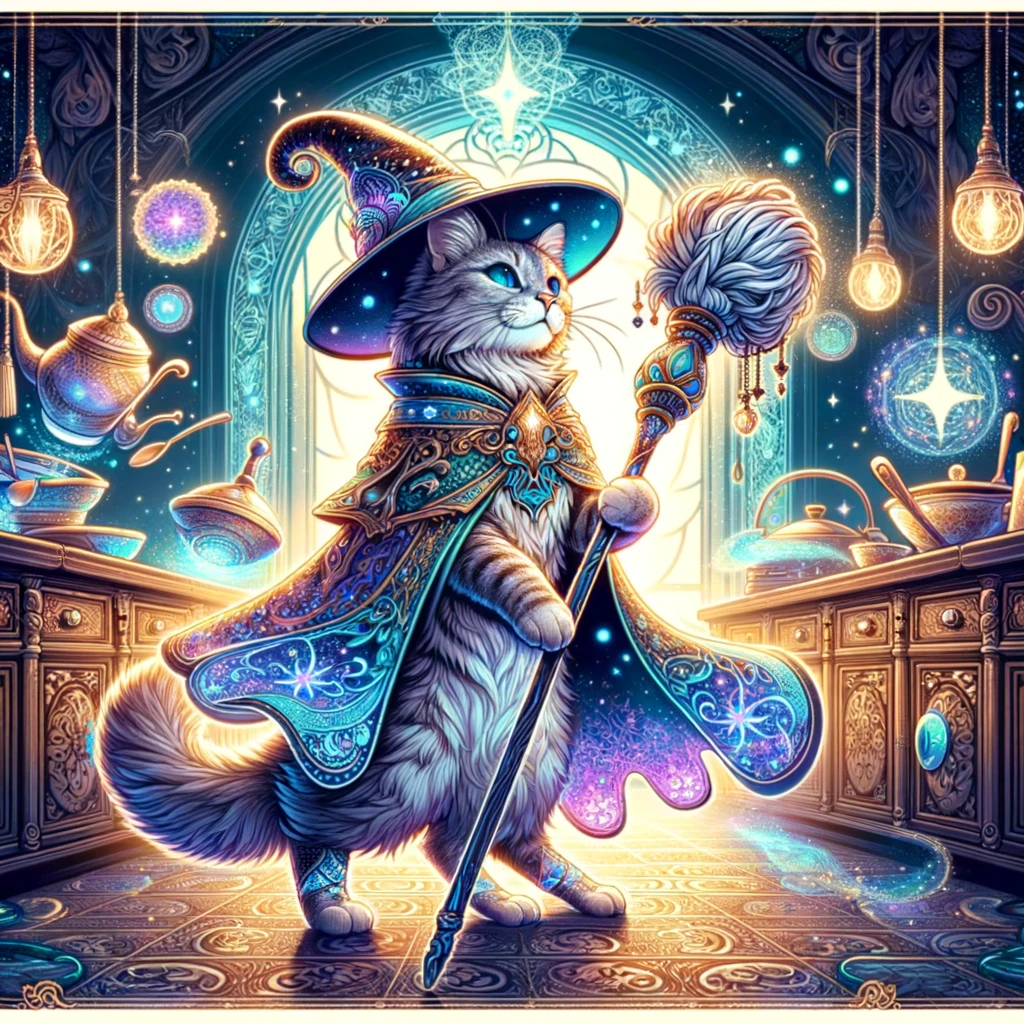 I've created a fantasy-style illustration of a cat wizard with a magical mop. I hope this enchanting scene captures your imagination!