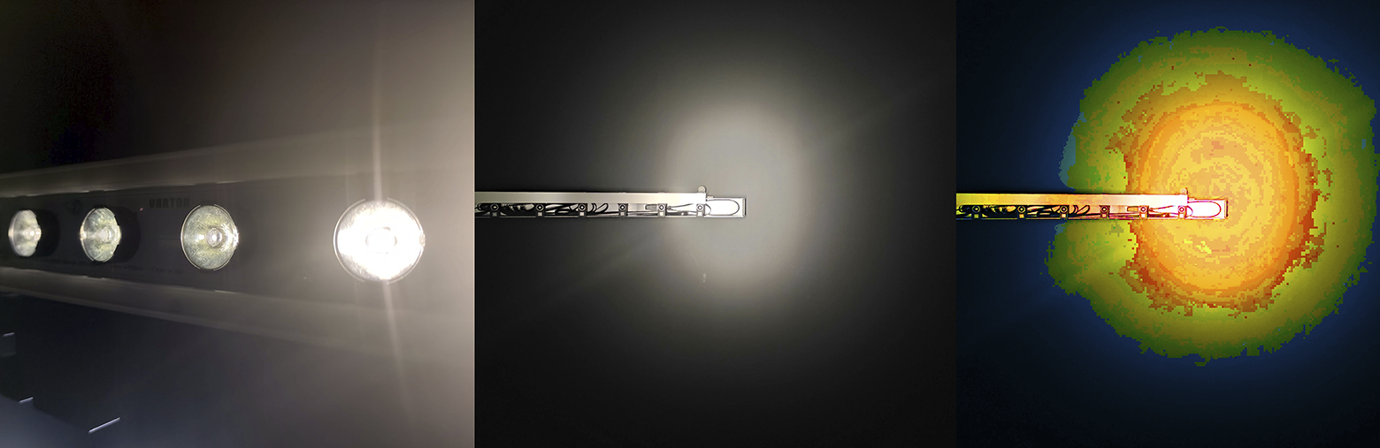рис. 2 Световое пятно (Beamshot) узкоградусного светильника. Правое изображение получено из среднего увеличением насыщенности. Фотографии сделаны в светотехнической лаборатории Varton.