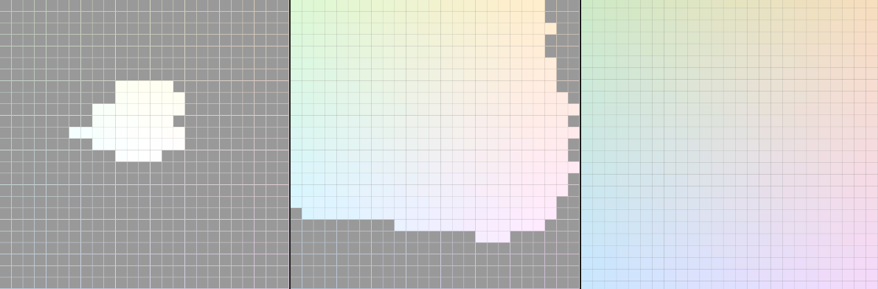 Рис 17. Области цветов 25×25 SDCM вокруг точки белого c L=100, L=95 и L=90 при включенной функции gamut warning, окрашивающей серым цвета вне цветового охвата sRGB.