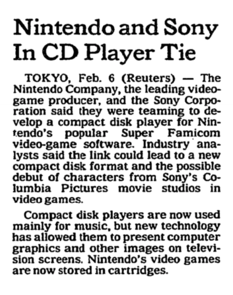 Вырезка из New-York Times за 1991 год, в которой сообщается о партнерстве Nintendo и Sony