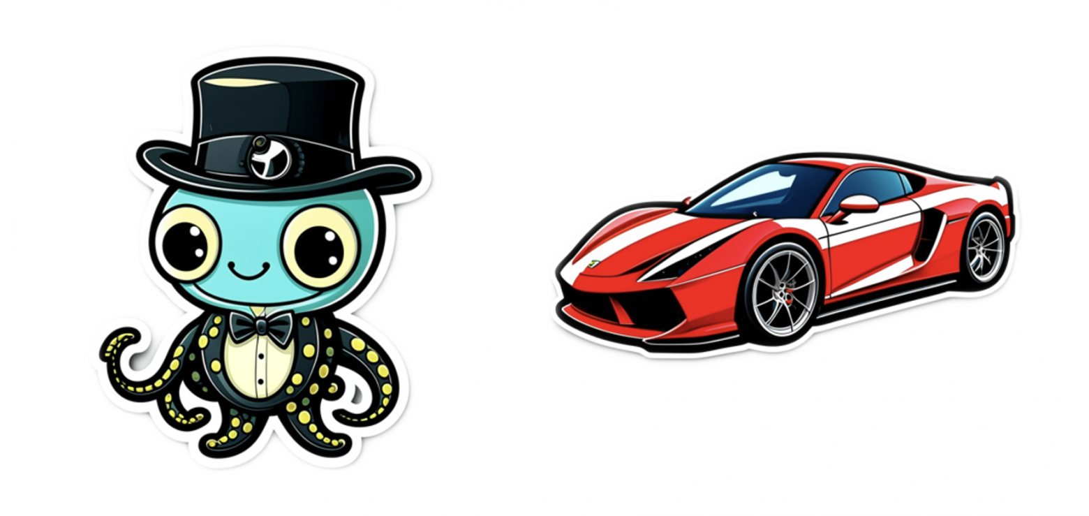 Рисунок 1. Слева — генерация стикера по запросу «Игрушечный улыбающийся милый осьминог в чёрной шляпе»; справа — генерация стикера по запросу «Red sport car» (by Kandinsky 2.2)