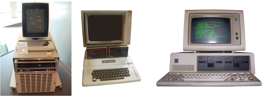 Слева-направо. Xerox Alto 1973, Apple II 1977, IBM PC 1981  