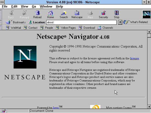 Страница «О программе» в браузере Netscape Navigator. До первой версии он назывался Mosaic Netscape  