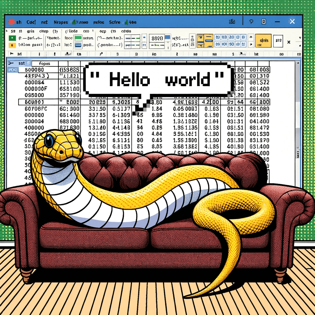Python on a couch, greeting World.